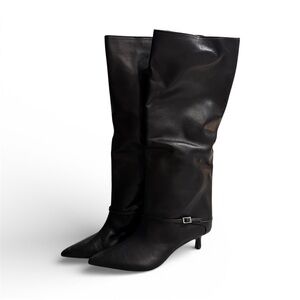 Zara Women’s Leather Kitten Heel Knee High Black Boots with Buckle
